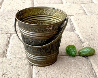 Antique Brass Embossed Bucket, Handle. Vintage. Artisan Masterpiece. Home Decor, Planter. Old World, Tribal, Boho. Sarni. Lassi.