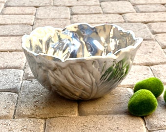 Large Silver Cabbage Leaf Salad Bowl, Mexico. Vintage. Cast Aluminum Alloy. Serving. Dining. Tongs. Garden. Easter Bunnies. Non Tarnish.