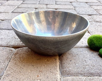 Embossed Floral Serving Bowl. Vintage. Metalware. Muted Silver. Floral Design. Mexican Pewter, Recycled Aluminum. Salad Tongs. Medium