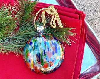 Mexican Confetti Glass Ornament. Vintage. Round. Handblown. Hollow. Blue, Orange, White, Yellow, Green. Modern, Southwest. Holiday Decor.