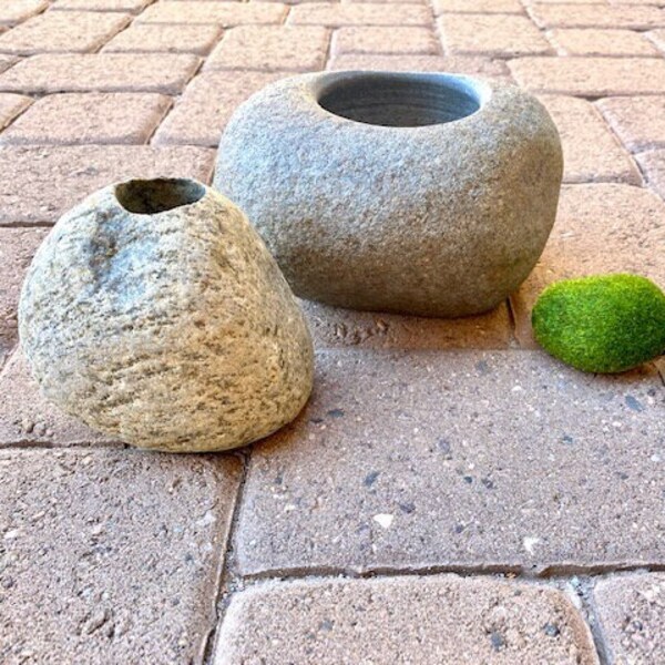 Natural Stone Vases. Vintage. Artisan. Home Decor. Earth. Rocks. Grey tones. Minimalist. Nature. Handcrafted holes. Rustic Modern. Planters.