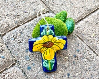 Small Ceramic Cross Ornament, Mexico. Vintage. Colorful Floral Design. Christian Faith, Hope, Joy, Love. Southwest. Christmas, Holidays.