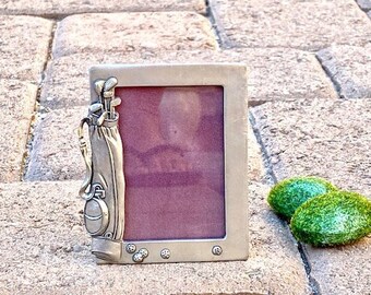Golf Small Pewter picture frame, SEAGULL. Vintage. Holds 2.5x3.5" Photo. Golf Bag, Club, Balls. Golfing, Golfer, Fathers Day Gift. Award.
