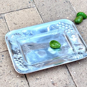 Artisan Polished Pewter Serving Platter. Vintage. Silver Recycled Aluminum Alloy. Non Tarnish. Rustic. Abstract Grapes, Vines. Vanity Tray.