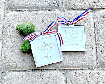 Patriotic Memorial Ornament. Double Sided Mini Photo Frame. Vintage USA Ribbon. Add Photos. Artisan. Pewter. Military. Personalized Gifts.