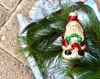 Glass Santa Ornament. Vintage. Red, Green, White. Silver Metal Top. Merry Christmas. Retro Holiday Decor. Wreath, Hat, Boots, Sleigh. HoHoHo