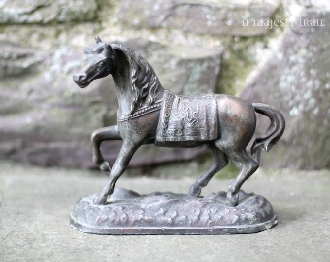 Cast Iron Horse Figurine. Vintage. Bronze. Equestrian. Ornate Dressage