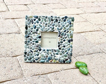 Pebble Concrete Picture Frame. Vintage. Holds 2.75x2.75" Square Photo. Natural Stone. Tabletop. Architectural. Industrial, Sidewalk. Fun.