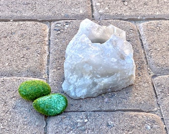 Natural Stone Candleholder. Vintage. Artisan. Home Decor. Earth. Rock. Alabaster. Crystal. Grey, White. Beautiful. Minimalist. Nature. Rough