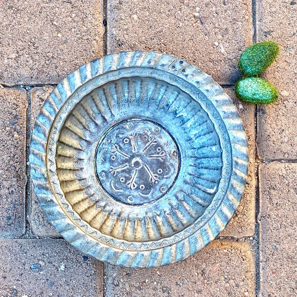 Rustic Egyptian Copper Bowl. Vintage. Distressed Silver, Grey. Etched. Wall Hanging. Home Decor. Artisan Handcrafted. Folk Art. Unique.