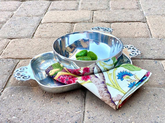 Round NAMBE Serving Bowl W Ornate Handle. Vintage. Multipurpose. Artisan. Metalware. Polished Pewter. Recycled Aluminum. Collectable. Silver Etsy