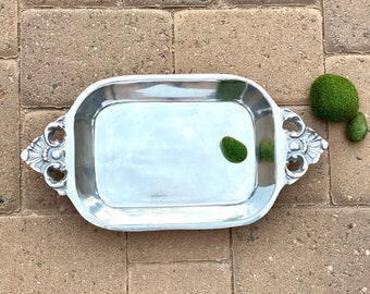 Polished Pewter Oblong Serving Dish. Vintage. Ornate Handles. Deep. Artisan. Multipurpose. Home Decor. Metalware. Recycled Aluminum. Mexico.