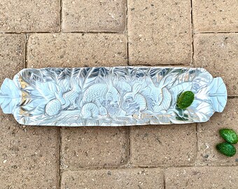 Oblong Bunny Rabbit Tray, Handles. Vintage. Artisan. Non Tarnish. Silver Recycled Aluminum Alloy. Serving, Easter Home Decor, Serving.