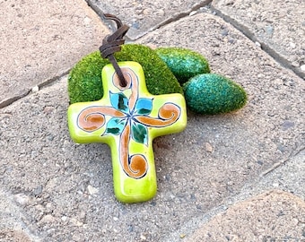 Ceramic Cross Ornament, Mexico. Vintage. Colorful Design. Christian Faith, Hope, Joy, Love. Southwest. Christmas Holidays. Leather cord