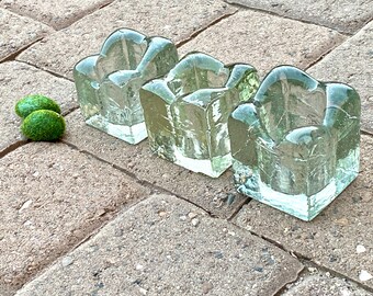 Set 3 Handblown Glass Candle Holders, Mexico. Vintage. Artisan. Thick. Light Green. Add Votive, Tealight Candles. Inside/Outside. Heavy.