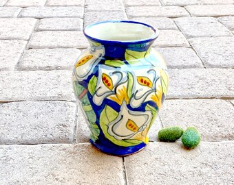 Handpainted Talavera Pottery Flower Vase, Mexico. Vintage. Colorful Calle Lily Floral Design. Blue, Green, Rust, Gold. Home Decor. Southwest