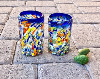 Mexican Confetti Glass Tumblers. Vintage. Pair Handblown. Blue Rim, Orange, White, Yellow, Green. Modern, Southwest. Home Decor. Barware.