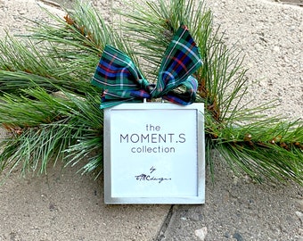 Holiday Photo Ornament. Tartan Plaid Ribbon, DIY Double Sided Photo Ornament. Artisan. Pewter. Interchangeable. Frame. Green, Red, Blue.