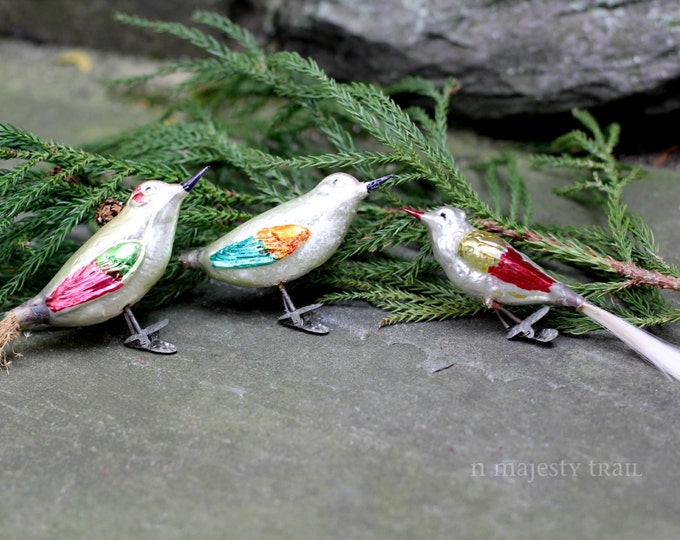Qty 3 Hand Blown Glass Bird Christmas Ornaments. Vintage. Tail, Clip on Base. Multi Color