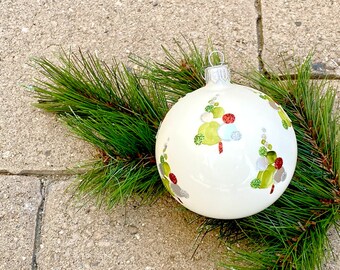 Handpainted Christmas Tree Ball Ornament. Vintage. Off White, Green, Red, Silver. Glass Orb. Holiday Decor. Festive.  Modern. Fresh. Jolly.