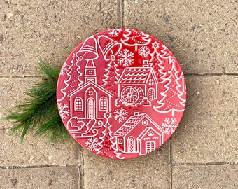 Red Christmas Cookies for Santa Stoneware Plate, Pier 1 Imports. Vintage. Holiday Decor. Church, Home, Bells, Trees, Sleigh, Snowflakes.