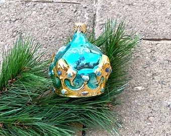 Turquoise & Gold Glass Crown Ornament. Vintage. Handblown. King, Queen, Prince, Princess. Holiday Decor. Hostess Gift. Party Theme. Sweet 16
