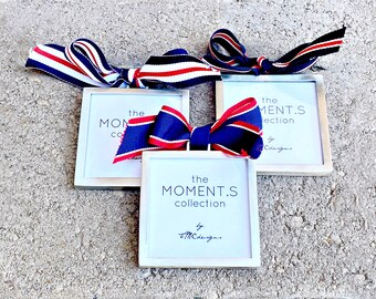 Set 3 Vintage Patriotic Ribbon. Double Sided Photo Frames. Ornaments. Red White Blue. Fine Pewter. Interchangable. DIY. Personalized Gifts.