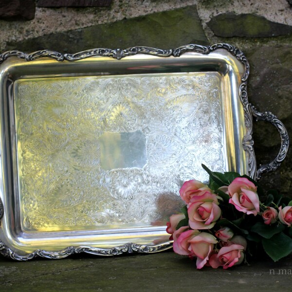 Large Ornate Silverplate Rectangular Serving Tray w Handles by WM Rogers. Vintage. Etched. Home Decor. Wall Hanging. Victorian. Renaissance.