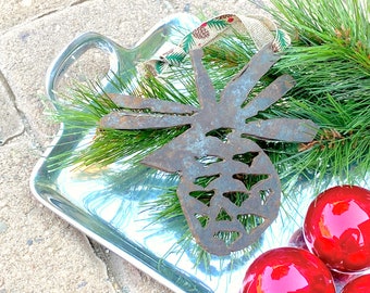 Rustic Iron Pine Cone Holiday Ornament. Vintage. Artisan, Handcrafted. Home Decor. Pine Tree Ribbon, Berries. Christmas Gift. Festive. Metal