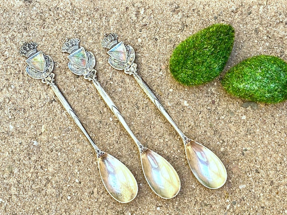 3 Royal Demitasse Spoons. Vintage. Crown Shield Family Crest