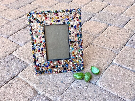 Glass Beaded 4x6 Photo Frame. Vintage. Artisan. Multicolor