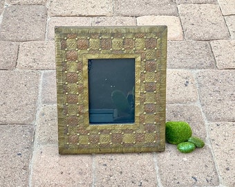 Mixed Metal Brass Copper Embossed Tin on Wood Picture Frame. Vintage. Holds 5x7" Photo. Nailheads. Southwest, Old World, Rustic, Industrial