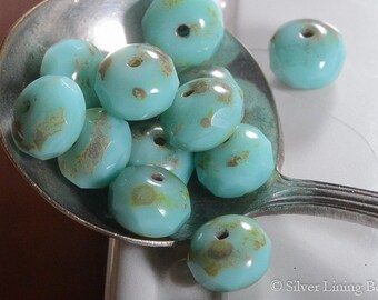 Creamy Turquoise  (10) - 6x8mm - Czech Glass Bead - Faceted Rondelle