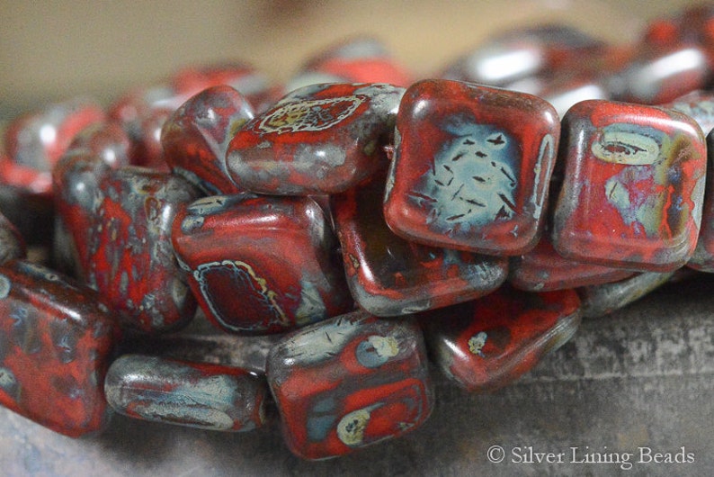 Square 10mm Crimson Tiles 6 - Czech Glass Bead