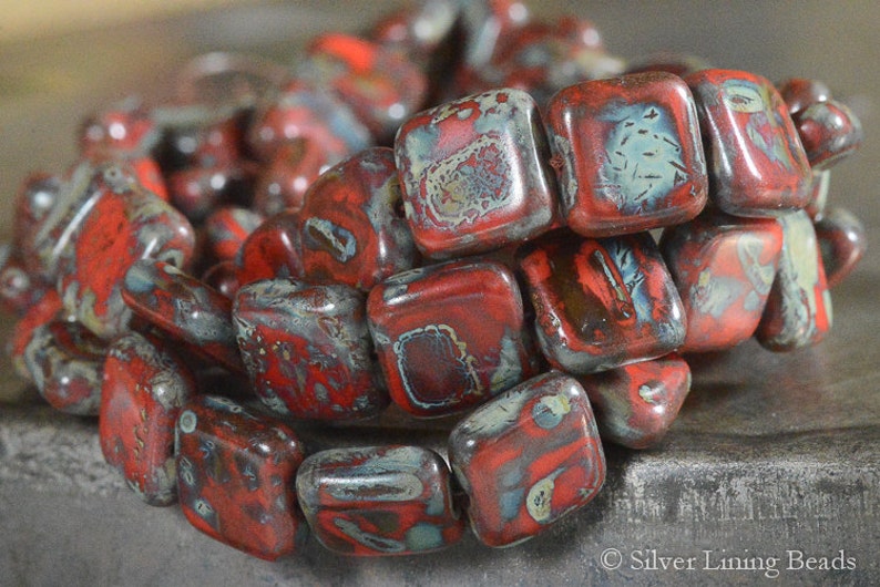 Square 10mm Crimson Tiles 6 - Czech Glass Bead