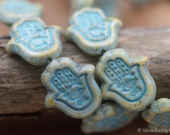 CREMA BLU HAMSA 6 perline di vetro ceco Hamsa Hand - 15 mm - Crema Avorio Con Lavaggio Turchese