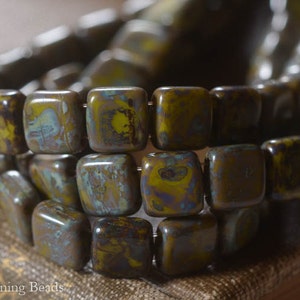 Lichen Squares (25) - Czech Glass Bead - 6mm - 2 Hole Tile