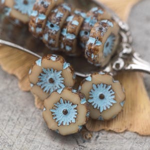 CREAMY BLUE BLOOMS - 6 Czech Glass Hawaiian Flower Beads - 12mm