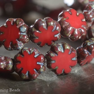 Cuenta de vidrio checo - Flores carmesí (10) - 9x3 mm - Flor plana