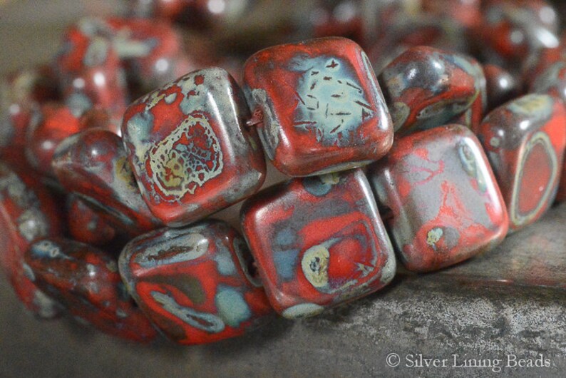 Square 10mm Crimson Tiles 6 - Czech Glass Bead