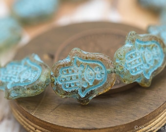 TARTARUGA BLU HAMSA 6 Perline di Vetro Ceco a Forma di Mano di Hamsa - 15 mm - Tartaruga con Lavaggio Turchese