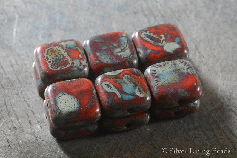 Square 10mm Crimson Tiles 6 - Czech Glass Bead
