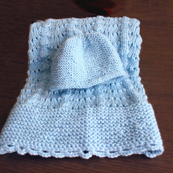 Heirloom Knit Baby Blanket and Beanie Set, Baby Afghan, Boy or Girl, Christening Blanket, Baby hat, Newborn set