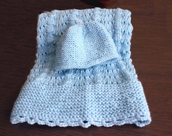 Heirloom Knit Baby Blanket and Beanie Set, Baby Afghan, Boy or Girl, Christening Blanket, Baby hat, Newborn set