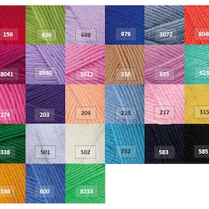 May include: A color chart of yarn samples with numbers 156, 636, 649, 979, 3072, 8040, 8041, 9560, 1011, 316, 635, 623, 174, 203, 204, 215, 217, 315, 338, 501, 502, 552, 583, 585, 586, 600, and 8233.