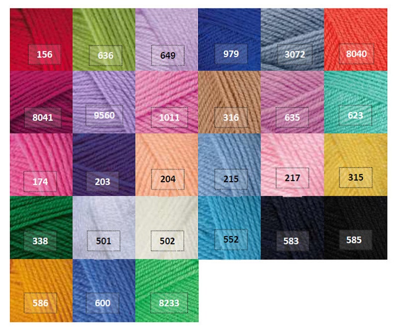 May include: A color chart of yarn samples with numbers 156, 636, 649, 979, 3072, 8040, 8041, 9560, 1011, 316, 635, 623, 174, 203, 204, 215, 217, 315, 338, 501, 502, 552, 583, 585, 586, 600, and 8233.