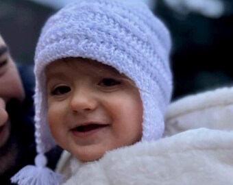 Bonnet blanc pour bébé, taille nouveau-né, bonnet en tricot pour bébé, fil de laine doux