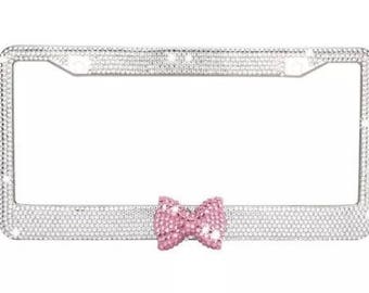 Schillernder Bling-Nummernschild-Rahmen mit großem chunky silber Glitzer &  großer heißrosa Kätzchenschleife klar Diamant Halter Schraubverschlüsse  verzaubert hello - .de