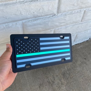 American Flag Green Thin Line Vanity License Plate (Blacked Out Tactical Premium) Black Mirror and Opaque Laser Cut Acrylic