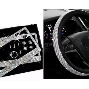 Bling set 2 crystal license plate frame steering wheel caps made with swarovski